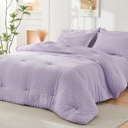 HYMOKEGE Lavender Twin Comforter Set Seersucker 5 Pieces, All Season Luxury Bed in a Bag for Bedroom, Bedding Set with Comforters, Sheets, Pillowcase & Shams