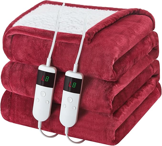 Electric Heated Blanket King Size 90''x100'' Soft Flannel & Sherpa Electric Blanket with 10 Heating Levels, Automatically Shut Down After 8h with Overheat Protection Machine Washable