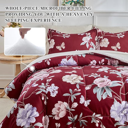 Joyreap 3pcs Floral Comforter Set King, Blue n Pink Flowers on Burgundy Red Design, Microfiber Lightweight Bedding Christmas Comforter Set for All Season