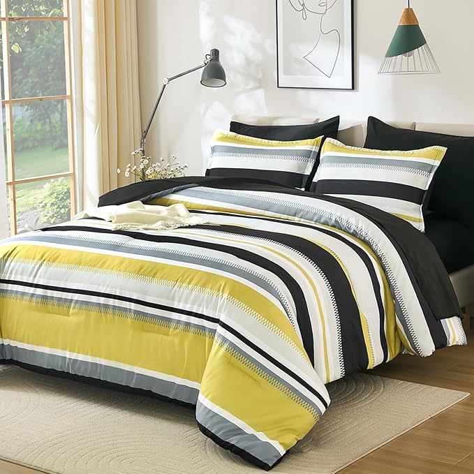 WONGS BEDDING Yellow Comforter King Size Set, 7 Pieces Bed in a Bag Yellow and Black Comforter Set, Soft Boho Striped Bedding Sets with Sheets, Pillowcases & Shams