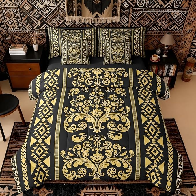 Comforter Set Queen Size, Black Gold Damask Aztec 7 Pcs Bedding for Kids and Adults, Baroque Western Boho Gothic Floral Bed Sheet Sets with Fitted Sheet 2 Pillowcases & 2 Shams for Bedroom Bed Decor