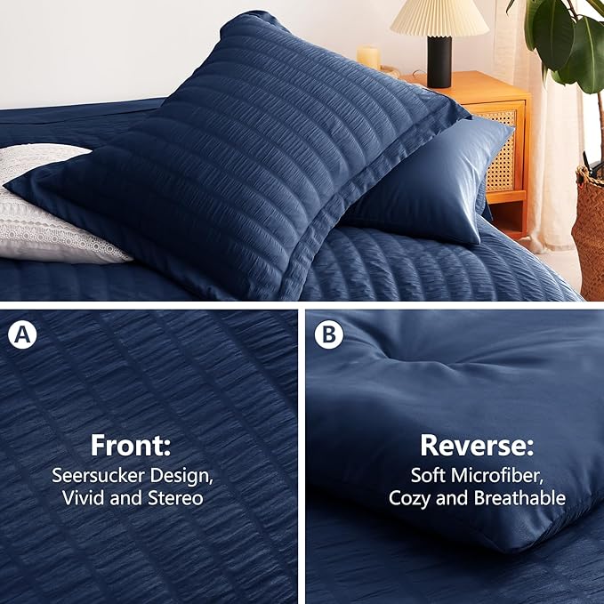 CozyLux Queen Comforter Set Navy Blue Seersucker 7 Pieces Bed in a Bag Queen Comforter Set with Sheets Luxury Soft Bedding Set with Down Alternative Comforter, Sheets, Pillowcases & Shams All Seasons