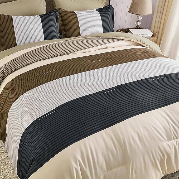 Anibedding 7 Pieces Striped Queen Size Comforter Set, Brown Black Soft Microfiber Down Alternative Farmhouse Bedding All Season with Comforter, Pillow Shams, Flat Sheet, Fitted Sheet and Pillowcases