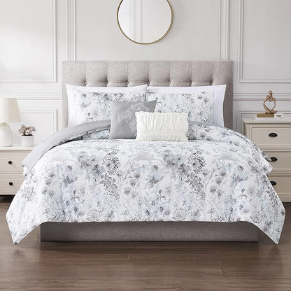 Modern Threads 5-Piece Printed Comforter Set, Giverny Queen in White Grey Blue – Soft Comforter, 2 Pillow Shams, and 2 Decorative Pillows