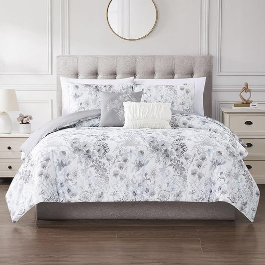 Modern Threads 5-Piece Printed Comforter Set, Giverny King in White Grey Blue – Soft Comforter, 2 Pillow Shams, and 2 Decorative Pillows