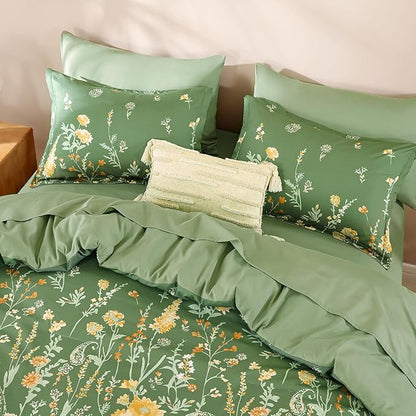 Yiran 7 Piece Sage Green Watercolour Floral Comforter Set King Size, Watercolour Botanical Comforter Bedding Set, Bed in a Bag King, Soft Microfiber Complete Bedding Set with Sheets for All Season