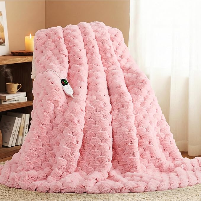 Homemate Heated Blanket Electric Throw - 50"x60" Heating Blanket Throw 4 Hours Auto-Off 10 Heat Levels Over-Heat Protection Luxury 800 GSM Faux Fur 200 GSM Sherpa ETL Certification
