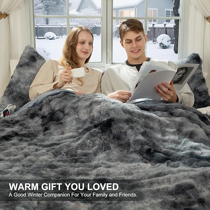 Faux Fur King Size Heated Blanket 100"X90" - Bubble Faux Fur Electric Blanket Fluffy Soft Thick with 6 Heating Levels & 10 hrs Timer Settings, Washable & ETL Certified for Bed, Tie-Dye Blue