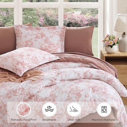 Twin XL Comforter Set -5 Pieces Floral Rose Bedding Set for All Seasons, Bed in a Bag with Botanical Flowers Comforter, Sheets, Pillowcase & Sham