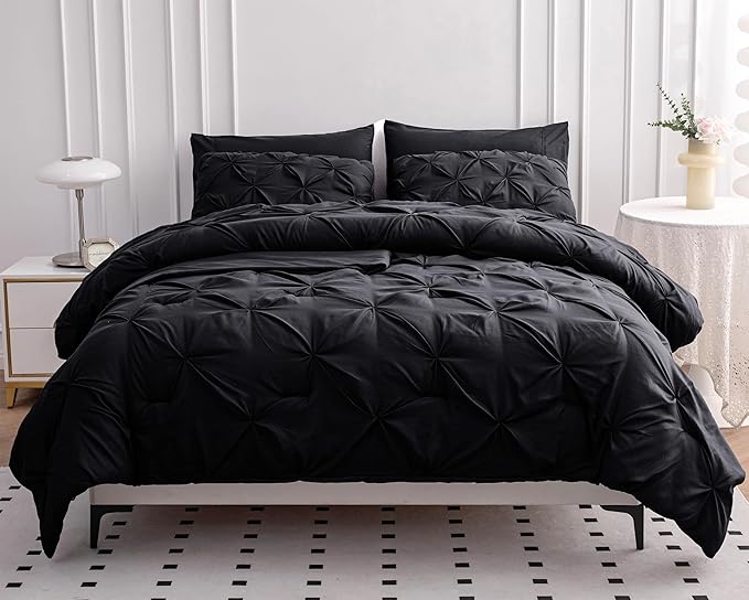 LANE LINEN Bed in a Bag King Size Comforter - 7 PCs Pintuck Modern Comforter Set - Breathable All-Season King Size Bed Set with Sheets, Pillowcases & Shams - Durable Oversized Bedding Sets - Black | Oversized fit, Breathable sleep, Durable daily use, L...
