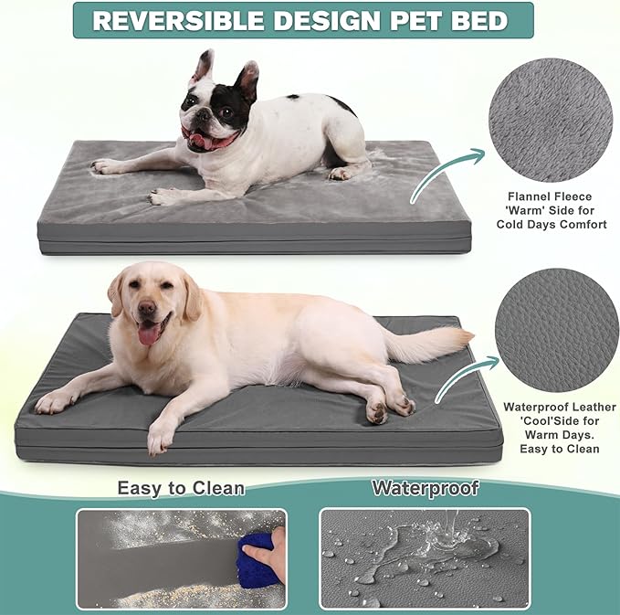 Waterproof XL Dog Beds Large Sized Dog, Outdoor Orthopedic Washable Crate Pad 42 inch, Extra Large Foam Pet Bed with Durable Removable Cover Reversible, XLarge Anti-Slip Kennel Pads, 41"x27", Gray