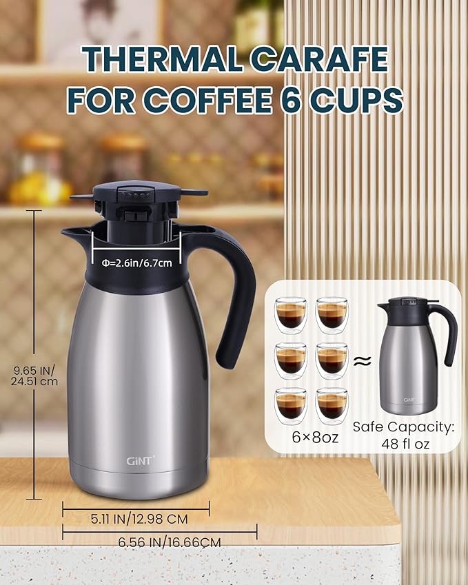 GiNT 51Oz Stainless Steel Thermal Coffee Carafe with Lid/Double Walled Vacuum Thermal Carafe / 12 Hour Heat Retention (Silver, 1.5L)