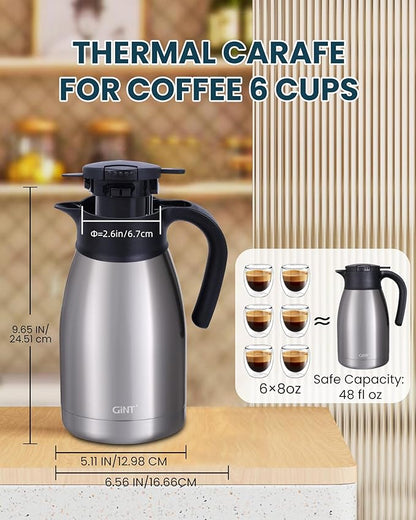GiNT 51Oz Stainless Steel Thermal Coffee Carafe with Lid/Double Walled Vacuum Thermal Carafe / 12 Hour Heat Retention (Silver, 1.5L)