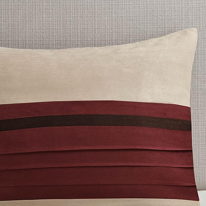Madison Park Palmer Comforter Set-Luxury Faux Suede Design, Striped Accent, All Season Down Alternative Bedding, Matching Shams, Decorative Pillow, Bed Skirt, Queen (90 in x 90 in), Red 7 Piece