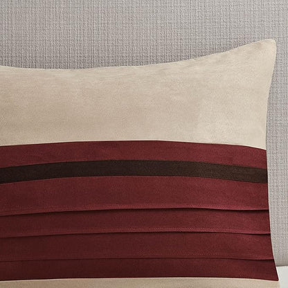 Madison Park Palmer Comforter Set-Luxury Faux Suede Design, Striped Accent, All Season Down Alternative Bedding, Matching Shams, Decorative Pillow, Bed Skirt, Queen (90 in x 90 in), Red 7 Piece