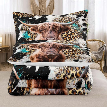 Tailor Shop Western Highland Cow Bedding Set Full Size Highland Cattle Cow Comforter Sets for Kids Teens Boys Leopard Comforter Sets with 1 Comforter 2 Pillowcases