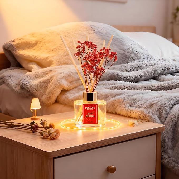 Reed Diffuser Set - 3.38 fl oz Red Berries Premium Scented Oil with Preserved Baby's Breath & Cotton 6 Sticks | Long-Lasting Aromatherapy for Home, Bedroom, Bathroom, Office Home Decor