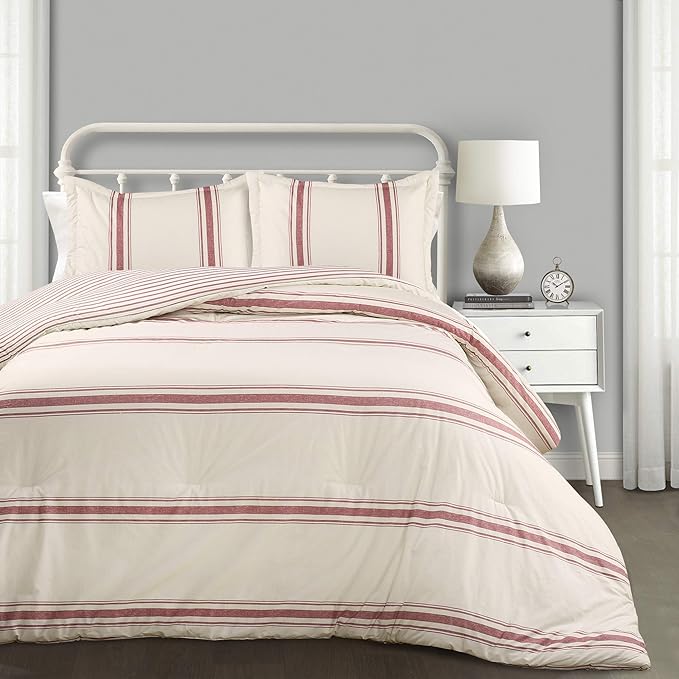 Lush Decor Farmhouse Stripe Reversible Cotton Comforter Set, 3 Piece Set, King, Red - Cozy Farmhouse Bedding Set - Rustic Decor - Striped Comforter - Modern Farmhouse Bedroom Decor