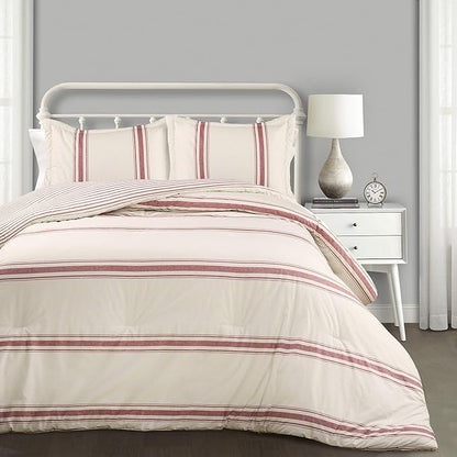 Lush Decor Farmhouse Stripe Reversible Cotton Comforter Set, 3 Piece Set, Full/ Queen, Red - Cozy Farmhouse Bedding Set - Rustic Decor - Striped Comforter - Modern Farmhouse Bedroom Decor