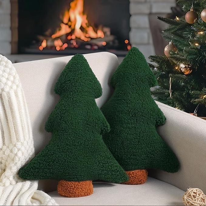 Artmag Christmas Pillows, Decorative Christmas Tree Pillow Set of 2 Stuffed Tree Shaped Plush Pillow for Holiday Party Sofa Living Room Decoration (13" x 10.5", Green)