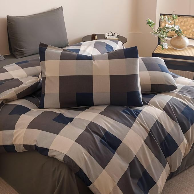 Houseri Blue Plaid Comforter Set Queen Vintage Grid Bedding Sets