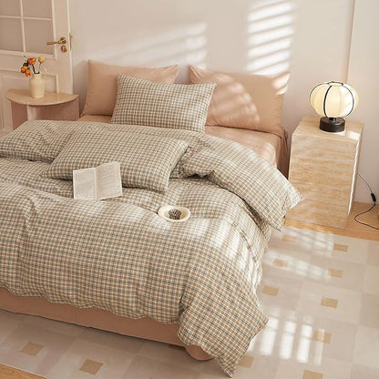HighBuy Khaki Gingham Comforter Set Queen Modern Chic Plaid Comforter Set 3 Pieces Soft Fluffy Grid Checkered Patchwork Pattern Comforter with 2 Pillowcases Gingham Plaid Bedding Set Queen