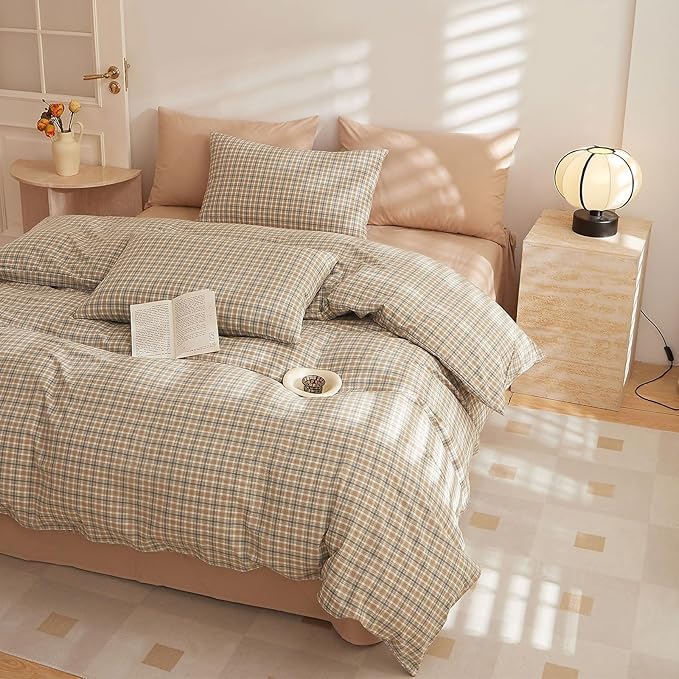 HighBuy Full Comforter Set Plaid Comforter Fluffy Modern Style Khaki Checkered Pattern Comforters for Boys Men 3 Pieces Bedding Set 1 Geometric Comforter with 2 Pillow Shams