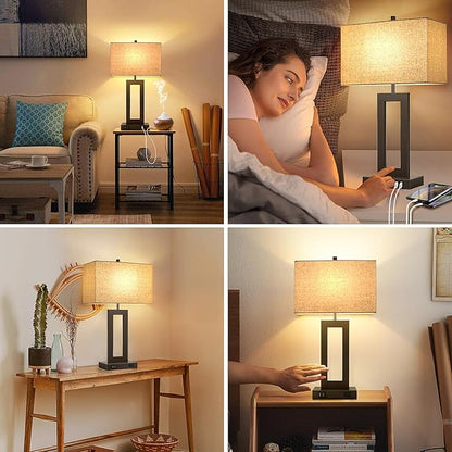 Set of 2 Touch Control Table Lamps with 2 USB Ports&AC Outlet, 3-Way Dimmable Modern Nightstand Lamp Sets, Brown Bedside Desk Lamps for Bedroom Living Room End Tables, Bulbs Included, Cream Shade