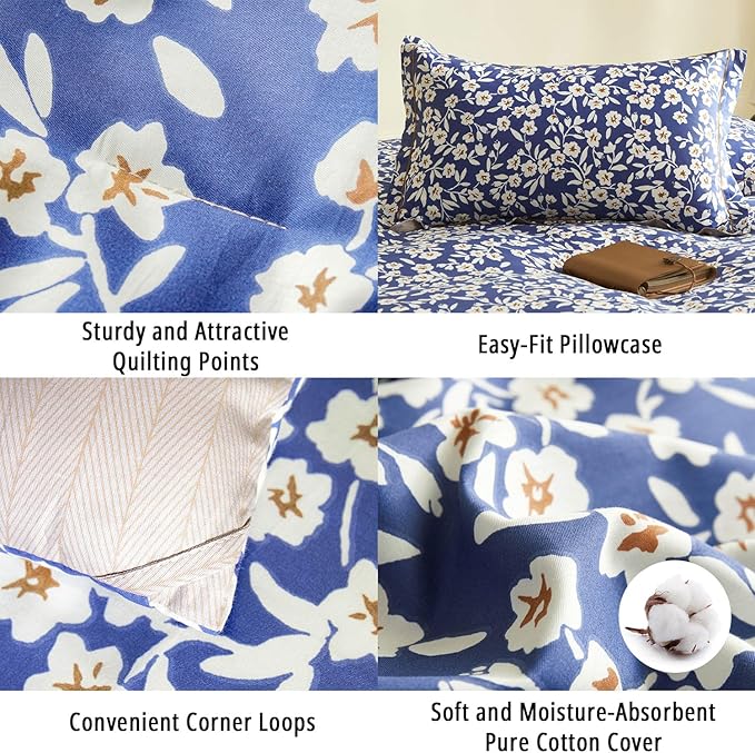 Navy Floral Cotton Comforter Queen Size 3PC - Elegant White Flowers Pattern on Blue，Taupe Back, Lightweight Bedding Sets with Ultra-Soft Alternative Fill, (1 Comforter, 2 Pillowshams)
