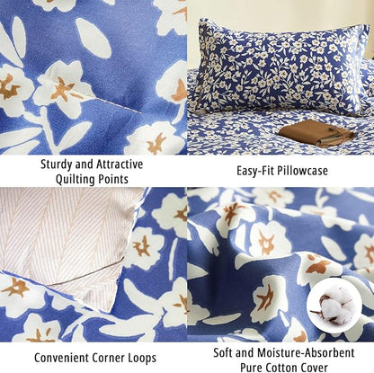 Navy Floral Cotton Comforter Queen Size 3PC - Elegant White Flowers Pattern on Blue，Taupe Back, Lightweight Bedding Sets with Ultra-Soft Alternative Fill, (1 Comforter, 2 Pillowshams)