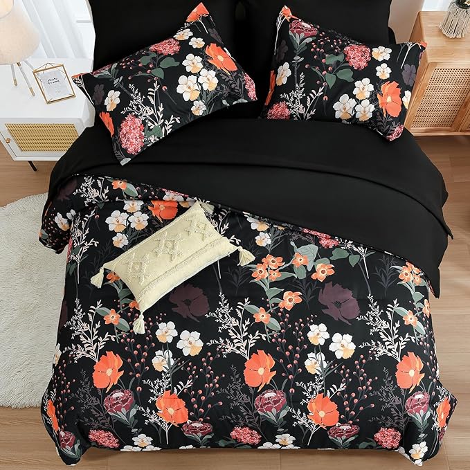 Yiran Black Red Floral Comforter Set King Size, 7 Piece Winter Comforter Bedding Set, Farmhouse Bed in a Bag, Soft Microfiber Complete Bedding Set with Sheets for All Season