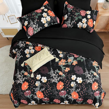 Yiran Black Red Floral Comforter Set King Size, 7 Piece Winter Comforter Bedding Set, Farmhouse Bed in a Bag, Soft Microfiber Complete Bedding Set with Sheets for All Season