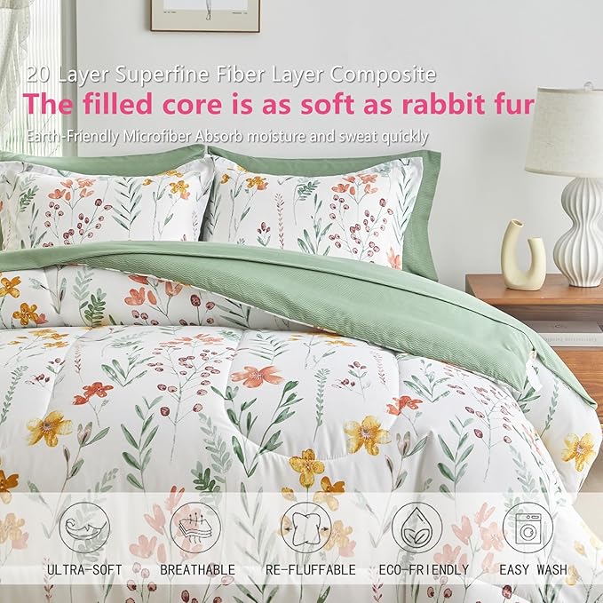 AIKASY Bed in a Bag 7 Pieces King Size - Floral Print - Soft Microfiber, Reversible Bed Comforter Set (1 Comforter, 2 Pillow Shams, 1 Flat Sheet, 1 Fitted Sheet, 2 Pillowcases)（White, King）