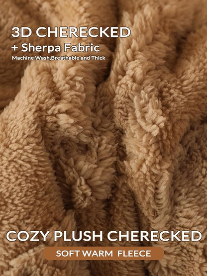 Tufted Fleece Comforter Set Queen - Super Soft Warm Fluffy Shaggy Bedding Sets, Diamond Plaid Jacquard Bed Set for Winter, 1 Sherpa Comforter with 2 Pillow Cases (90"X90" Beige)