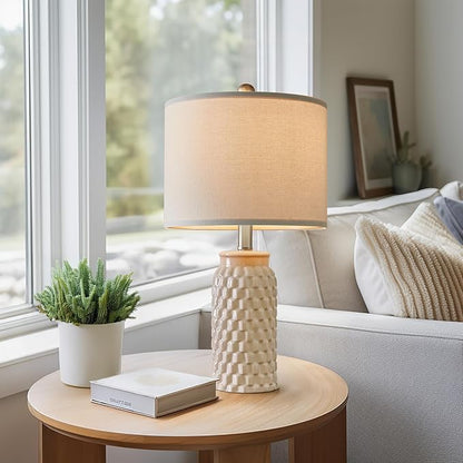 20.5" Set of 2 Bedside Table Lamps Modern Cream Honeycomb Ceramic - Linen Shade, E26 Knob Switch for Living Room, Bedroom & Nightstand