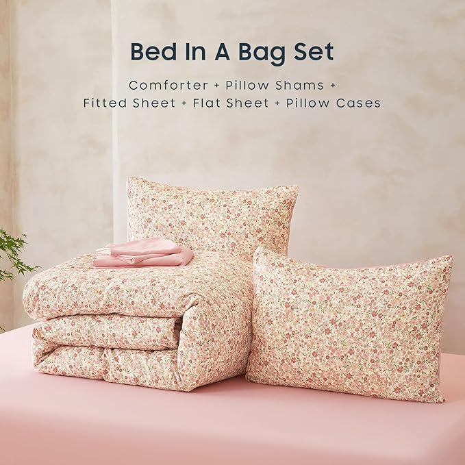 Wake In Cloud - Floral Comforter Set with Sheets, Cute Vintage Flower Cottagecore Aesthetic for Women Teen Girls, 5 Pieces Bed in a Bag, Cream Pink, Twin Size