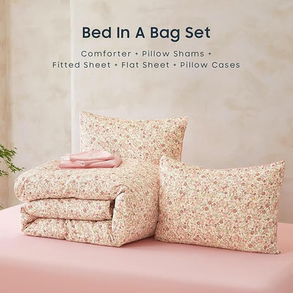 Wake In Cloud - Floral Comforter Set with Sheets, Cute Vintage Flower Cottagecore Aesthetic for Women Teen Girls, 7 Pieces Bed in a Bag, Cream Pink, Queen Size