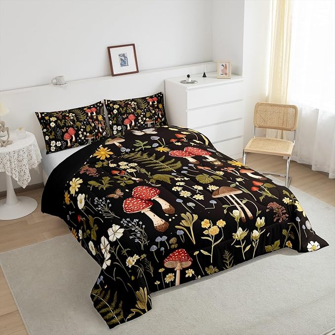 Feelyou Mushroom Comforter Set Toddler Size Boho Comforter Western Decor Bedding Set Southwest Native American Design Duvet Set Room Decor Bronze Black Quilt Set