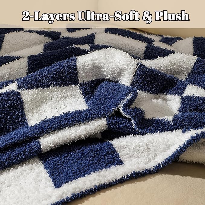 MorroMorn Checkered Throw Blanket for Couch, 2-Layers Soft Cozy Fleece Plaid Blankets Checkerboard Grid - Fluffy Fuzzy Plush Warm for Sofa Chair Bed Home Decor Gifts (Navy Blue, Throw 50"x60")