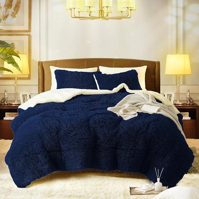 Flysheep Luxury Faux Fur King Size Winter Comforter Set Shaggy Velvet Navy Blue Long Hair, 3 Pieces Plush Flannel Sherpa Backing Reversible Soft Microfiber Super Warm Bedding Set for Holiday