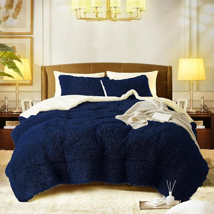 Flysheep Luxury Faux Fur King Size Winter Comforter Set Shaggy Velvet Navy Blue Long Hair, 3 Pieces Plush Flannel Sherpa Backing Reversible Soft Microfiber Super Warm Bedding Set for Holiday