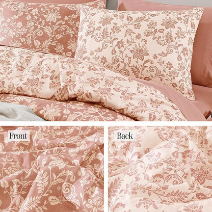Full Comforter Set -7 Pieces Clay Pink Floral Comforter Set for All Seasons, Bed in a Bag Full with Botanical Flowers Comforter, Sheets, Pillowcases & Shams