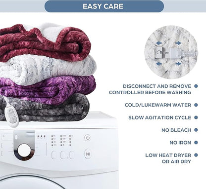 Codi Soft Faux Fur Electric Blanket, Heated Throw with Fuzzy Sherpa Back | White/Slate Marble, 60x70 | Lightweight Warming Throws for Couch | 3 Heat Setting with Auto Shut Off, 6ft Power Cord Washable