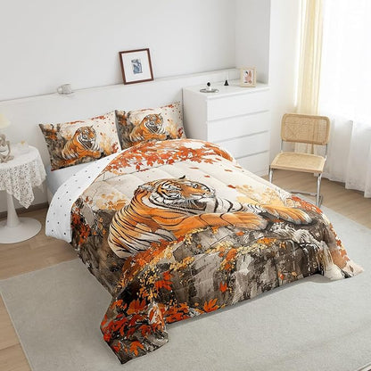 Jungle Tiger Comforter King,Autumn Maple Tree Traditional Chinese Painting Quilt Comforter with 2 Pillowcases,Wildlife Black Orange Stripes Bedding Set Comfortable,Soft and Breathable