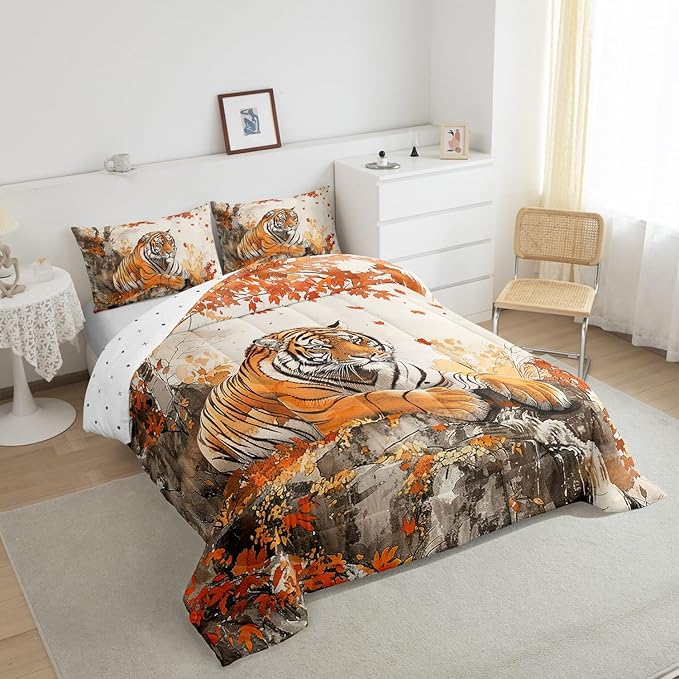 Jungle Tiger Comforter Full,Autumn Maple Tree Traditional Chinese Painting Quilt Comforter with 2 Pillowcases,Wildlife Black Orange Stripes Bedding Set Comfortable,Soft and Breathable