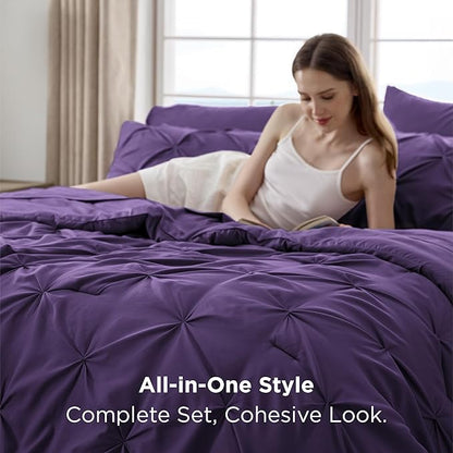 Bedsure Queen Comforter Set Purple - Bed in a Bag Queen Size Bedding 7 Pieces, GentleSoft™ Pintuck Bed Set Gift for Family, Pinch Pleat All Season Comforter with Sheets, Pillowcases & Shams