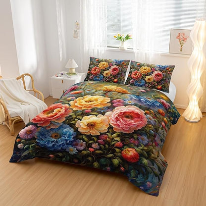 Vintage 3D Flower Floral Comforter Set Queen Size 3PCS,Colorful Flowers Pattern Bedding Set for Teen Adult,Floral Themed Room Decor Ultra-Soft Lightweight Microfiber with 2 Pillowcases
