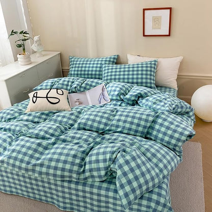 VM VOUGEMARKET Green Gingham Comforter Set Twin XL,Plaid Comforter with 2 Pillowcases for All Seasons,3 Pcs Modern Simple Grid Bedding Set for Teens Boys