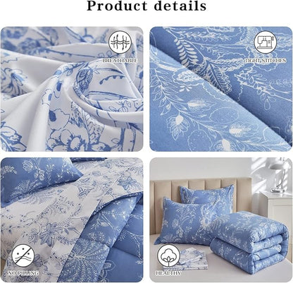 Flysheep Botanical Bed in a Bag King Size 7 Pieces, Reversible Blue and White Flower Printed Comforter Bedding Set (1 Comforter, 1 Flat Sheet, 1 Fitted Sheet, 2 Pillow Shams and 2 Pillowcases)