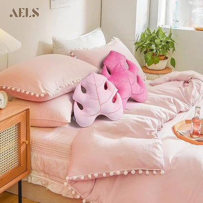AELS Set of 2 3D Leaves Decorative Valentine Throw Pillows, 18" & 14" Monstera Deliciosa Plush Pillow Set for Plant Lovers Garden Lovers, Living Room Bedroom Nursery Decor, Pale Pink & Hot Pink